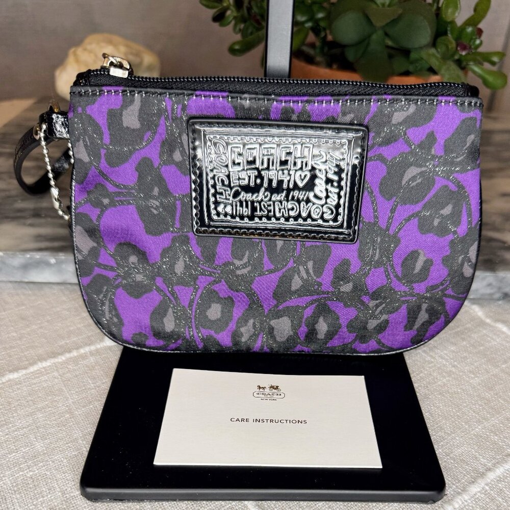 Coach Poppy Wristlet - Purple and Black Floral Nylon and Black Patent Leather